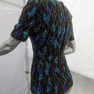 Scala 100% Silk Short Sleeve Beads & Sequins Top